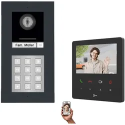 1-Familienhaus Zahlencode IP Video Türsprechanlage in Anthrazit für Unterputz oder Aufputz Montage