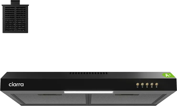 CIARRA 60 cm Unterbau-Dunstabzug in Schwarz – Kompakte Bauform, Umluft/Abluft-fähig, Drucktastenbedienung