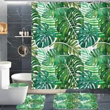 CYSYLQW Blätter Duschvorhang Grüne Blätter Tropische Pflanze Duschvorhänge 180 x 200 cm Palmen Blätter Set Shower Curtains Badezimmerteppich 4-teiliges Set (200 x 240 cm(BxH),4)