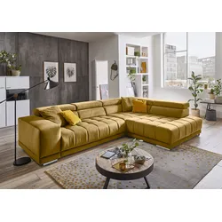 Ecksofa DIE PLANBAR "MP-IN15053 L-Form", gelb (curry), B:323cm H:73cm T:222cm, Sofas, wahlweise mit Kopfteilverstellung und manueller Vorziehbank