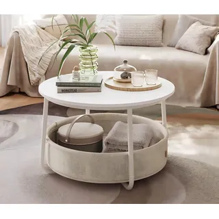 VASAGLE Couchtisch mit Korb aus Stoff, mattweiß-kamelbraun