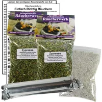 ZYPRESSE (Holz, Nadeln) zum RÄUCHERN. 15-TLG Räucherset - 2X 60ml Räucherwerk + Räucherkohle (10x) + Räuchersand + Räucheranleitung + Lexikon der wichtigen Räucherstoffe A-Z. 82060-XX104