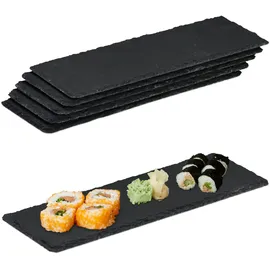 Relaxdays Schieferplatte 6er Set, längliche Servierplatten aus Schiefer, Servieren & Beschriften, 30x10 cm, anthrazit