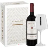 SCAVI & RAY Geschenkset – Primitivo Salento IGT Rotwein mit Designglas, 0,75L, 13% Vol. Alkohol – Kräftiger Rotwein aus dem Süden von Italien, stilvolle Geschenkbox für besondere Anlässe
