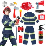 Feuerwehr Kostüm Kinder, Feuerwehrmann Kostüm Kinder Spielzeug, Blau Feuerwehr Jacke, Feuerwehrhelm Kinder 3-10 Jahre Jungen Mädchen, Faschingskostüme-Feuerlöscher Taschenlampe, Walkie-Talkie Set