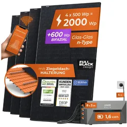 Solarway® All In One Balkonkraftwerk mit Speicher 2000W komplett Steckdose - 1,6 kWh Anker Solix 2 PRO Speicher - Solaranlage Komplettset - 500W bifaziale Solarmodule & Anker Speicher & Zubehör