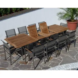ASS Altenburger Gartengarnitur Edelstahl Batyline A-Grade Teak Set Ausziehtisch 200-240-280 x 100 cm + 10 Sessel mit Batyline Bespannung Serie KUBA-BRA...