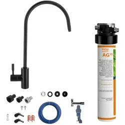 BieTal® Untertisch Wasserfilter Aktivkohle Set 1-Wege Hahn Schwarz Wasserstop