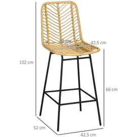 Homcom Barhocker 2er Set, Barstuhl mit Rattenoptik, Tresenhocker mit Rückenlehne, Küchenstühle integrierter Fußstütze, für Küche, Wohnzimmer, Esszimmer, Boho-Stil, Gelb