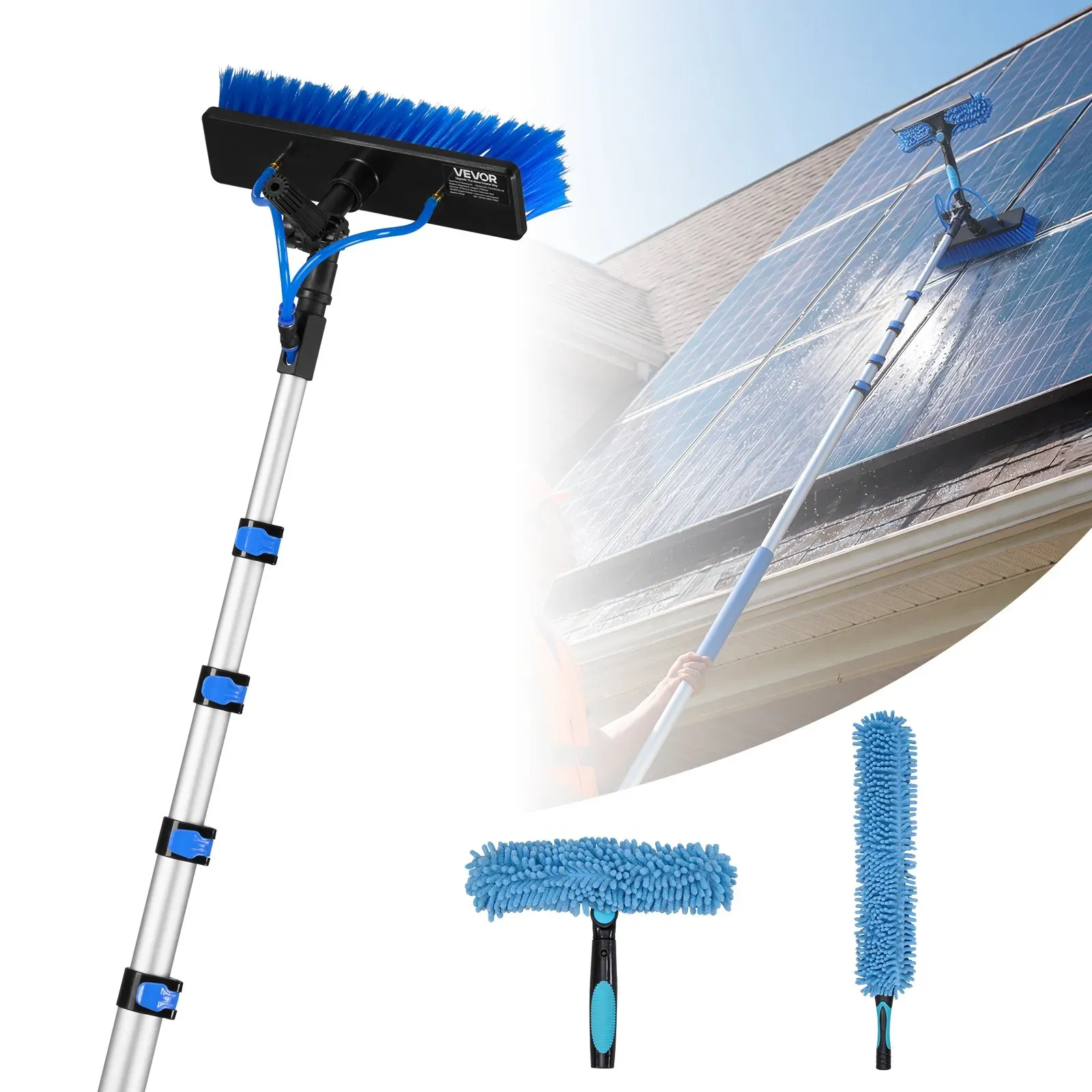 VEVOR Teleskop Waschbürste für Solarpanel, Photovoltaik Reiniger mit 1,8-7,3m Alu-Teleskop 20m Wasseranschluss 180° Bürste Abzieher & Seifenspender, Reinigungsset für Solaranlage Fenster Terrassendach