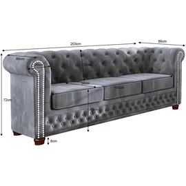 s-style möbel Harwell Sofa 3-Sitzer Chesterfield-Sofa für Wohnzimmer Lounge Couch mit verchromten Füßen Möbel Freistehende Polster Sofas & Couches Couchgarnitur Hellgrau 203 x 86 x 72 cm