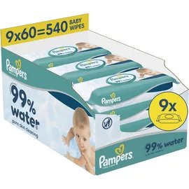 Pampers 99% Water Baby-Feuchttücher, 9 Packungen mit 60 Feuchttüchern = 540 Baby-Feuchttücher, leichte Lotion mit 99% Wasser