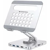 Conceptronic DONN26G Tablet-Ständer mit 8-in-1-Dockingstation, 360° drehbare Basis, faltbar, höhenverstellbar - Silber