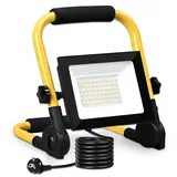 ZCLIKEU LED Baustrahler 50W 3000K Warmweiß, Baustellenlampe mit Stecker und Faltbarer Ständer, IP66 Wasserdicht Bauscheinwerfer für Autoreparaturen Garage Baustelle Werkstatt