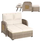 STEELSØN Caelum Sonnenliege mit Kissen Beige – Rattan Loungebett verstellbare Rückenlehne – Doppelliege ausklappbare Seitentische – Gartenliege wetterfest – Sonnenbett 2 Personen – mit Liegefunktion