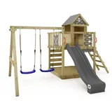 Wickey Spielturm Klettergerüst Smart Cave mit Schaukel & Rutsche, Baumhaus mit Sandkasten, Kletterleiter & Spiel-Zubehör – Anthrazit