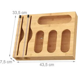 Relaxdays Folienspender 6in1, Frischhalte-, Alufolie, Gefrierbeutel, Bambus, Wand, Schublade, HBT 43,5x33,5x7,5cm, Natur