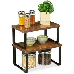 Relaxdays Tischregal 2-tlg. Set, Küchenorganizer für Gewürze, Geschirr uvm., stapelbar, Industrial Design, braun/schwarz