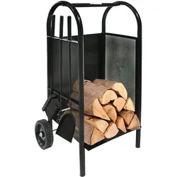 TRUTZHOLM Kaminholzwagen mit Kaminbesteck 3-teilig Schaufel, Besen, Schürhaken, Kaminwagen
