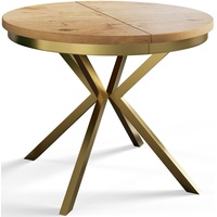Runder Esszimmertisch BERG, ausziehbarer Tisch Durchmesser: 90 cm/170 cm, Wohnzimmertisch Farbe: Hellbraun, mit Metallbeinen in Farbe Gold