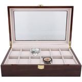 Alvinlite Uhrenbox mit 12 Fächern, Uhrenkasten Uhren Aufbewahrungsbox mit Glasdeckel, Uhrenbox aus Holz, Premium Uhrenschatulle, Geschenkidee, Uhrenbox Herren Geschenk für Boyfriend Ehemann