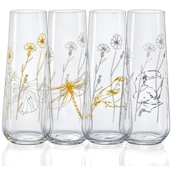 Crystalex Sektglas Meadow Prosecco Gläser 4 verschiedene Dekorationen gold Platin, Kristallglas, Kristallglas, 240 ml, 4er Set weiß