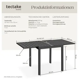 Tectake Aluminium-Gartentisch ausziehbar 70–140 x 70 x 75 cm Dunkelgrau