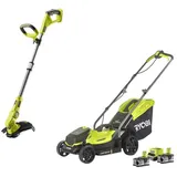 RYOBI 18 V ONE+ Garten Combo-Set mit Rasentrimmer, Rasenmäher Inkl. 2x 4,0 Ah Akku & Schnellladegerät