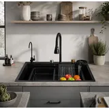 Faizee Home Edelstahlspüle Faizee Home Edelstahlspüle Premium, Wasserfall Armatur Set schwarz