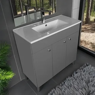 paplinskimoebel Waschbecken mit Unterschrank IGA Waschtischunterschrank, Stehend Eckig, Keramik, Badmöbel Set Waschplatz (Graphit, 80 cm) | Grau