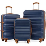 COOLIFE Kofferset 3-teilig, Hartschalenkofferset Hard Shell mit TSA-Schloss, Reisekoffer mit 4 Rollen, Teleskopgriff, Trolley Rollkoffer für Geschäftsreisen, Fernreisen und Familienurlaube, Blau/Braun