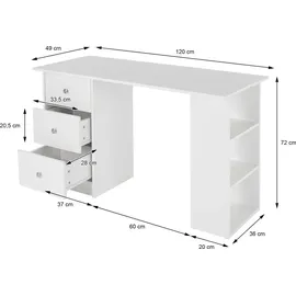 ML-Design Schreibtisch mit Schubladen und 3 Aufbewahrungsregale, Stauraum, Weiß, 120x49x72 cm