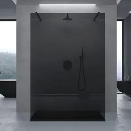 doporro Duschwand Duschtrennwand 140x200 Walk-In Dusche schwarz mit Doppel-stabilisator aus Echtglas 10mm ESG-Sicherheitsglas Vollgrau - Grau