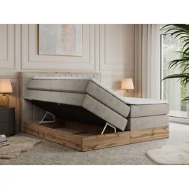 MKS Meble King Boxspringbett 180x200 mit Bettkasten Eiche, Polsterbett 180x200 mit Matratze H4, Bett 180x200 mit Kopfteil, Bett mit Holzrahmen in W... - Beige