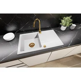 faizee home Granitspüle 75x43,5 cm rechts Einbauspüle weiß Handbetätigung 750 x 435 mm