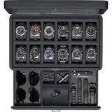 ROTHWELL Luxus Uhrenbox für 12 Uhren - PU Leder Uhrenbox mit Echtglasdeckel - Ausziehbare Zubehörschublade mit mehreren Fächern (Carbon)