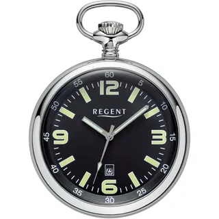 REGENT Herren Taschenuhr Edelstahl 50 MM Quarz Schwarzes Zifferblatt Arabische Zahlen Datum P-742