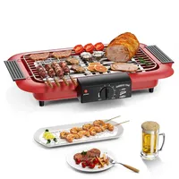 Elektrogrill Tischgrill elektrisch, Elektrischer BBQ-Grill, rauchloser Non-Stick Innen-/Outdoor-Grill, 2000W Doppelröhre tragbarer abnehmbarer Standgrill der hohen Leistung (Klassisches Rot)