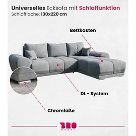 bromarkt Ecksofa NUBES Schlaffunktion Bettkasten L-Form 298x184x85cm Grau