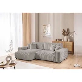 s-style möbel Mollis - Ecksofa mit Schlaffunktion und Bettkasten aus Hellgrau Plüschcord mit schöner Sitzkomfort