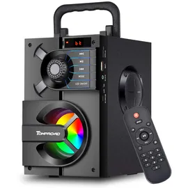 TOMPROAD Bluetooth Lautsprecher, Tragbare Bluetooth Box mit Subwoofer, kabellos Stereo Sound satter Bass Party Lautsprecher unterstützt FM Radio Fernbedienung LED Lichter (Black)