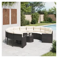 vidaXL Gartensofa mit Tisch und Kissen Rund Schwarz Poly-Rattan
