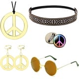 Hippie Kostüm Set, Hippie Accessoires Vintage Inklusive Hippie Schmuck ,Peace Kette,Hippie Sonnenbrille,Abzeichen,Hippie Kette 80er Jahre Outfit Damen, 60er 70er Jahre Bekleidung Damen Und Herren (A)