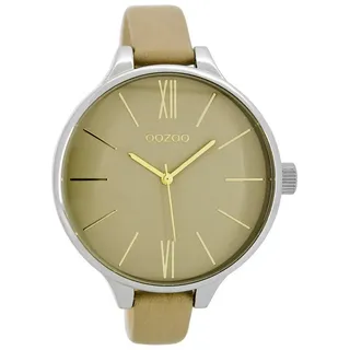 OOZOO Quarzuhr XXL Damenuhr C8636 – 45mm Analoguhr mit sandfarbenem Zifferblatt, silberfarbenem Gehäuse und Lederarmband für elegante Looks