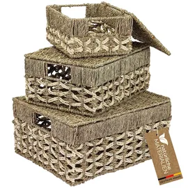 HMF Aufbewahrungskorb 3er Set mit Deckel geflochten aus Seegras und Palmblättern 3-tlg. beige