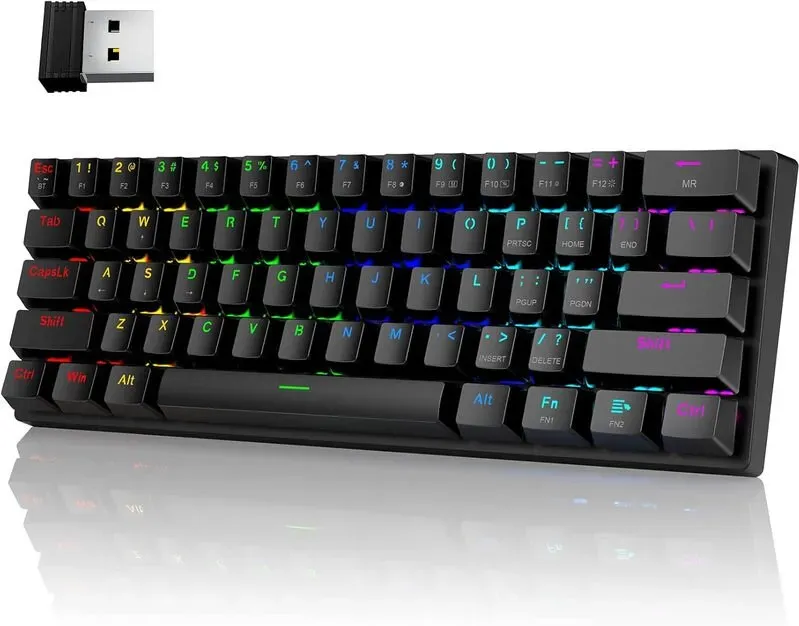 【Kostenloser Maus-Beigabe】ET 60%-kabellose mechanische Gaming-Tastatur, Tri-Mode 2,4G/USB-C/Bluetooth, RGB-Hintergrundbeleuchtung, Clicky Blue Switch, 61 Tasten, wiederaufladbare Mini-Tastatur, für iPad, Mac, PC, Xbox