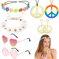 VEGCOO Hippie-Kostüm-Set für Damen und Herren, 8-teiliges Set, Retro-Accessoires im 60er-/70er-Jahre-Stil, Halskette und Ohrringe, Friedenszeichen, Stirnband, Sonnenbrille für Party