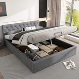 MODFU Hydraulisches Boxspringbett 140x200cm mit Bettkasten, Polsterbett mit Lattenrost und Stauraum, Doppelbett aus Samt, Grau(Ohne Matratze) - Grau