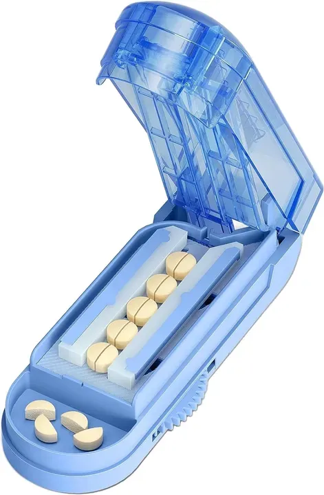 VVM Tablettenteiler für kleine und winzige Tabletten, professioneller verstellbarer Tablettenteiler mit versteckter Edelstahlklinge, schneidet sicher mehrere Tabletten gleichzeitig, Blau