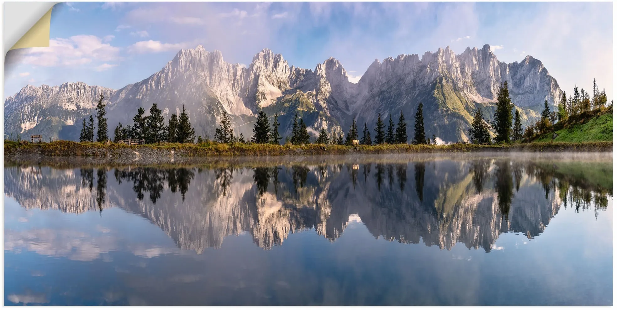 Wandbild ARTLAND "Wilder Kaiser in Tirol" Bilder Gr. B/H: 150cm x 75cm, Wandaufkleber - Vinyl Bilder von Europa Querformat,, blau als Alubild, Outdoorbild, Leinwandbild, Poster, Wandaufkleber